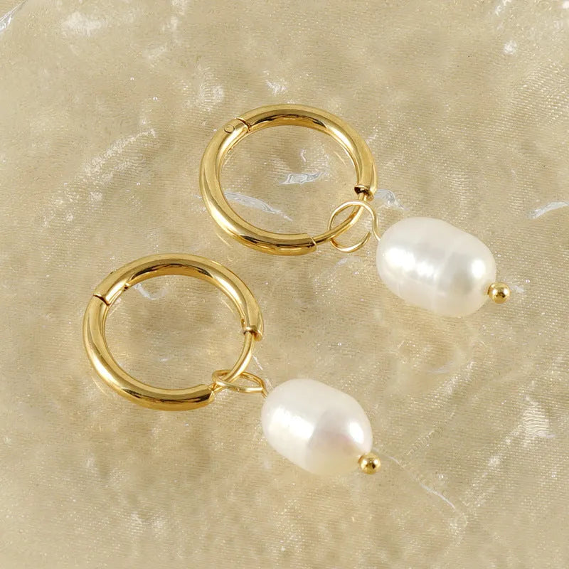 Gold geometric women's earrings with pearl accent on titanium steel posts