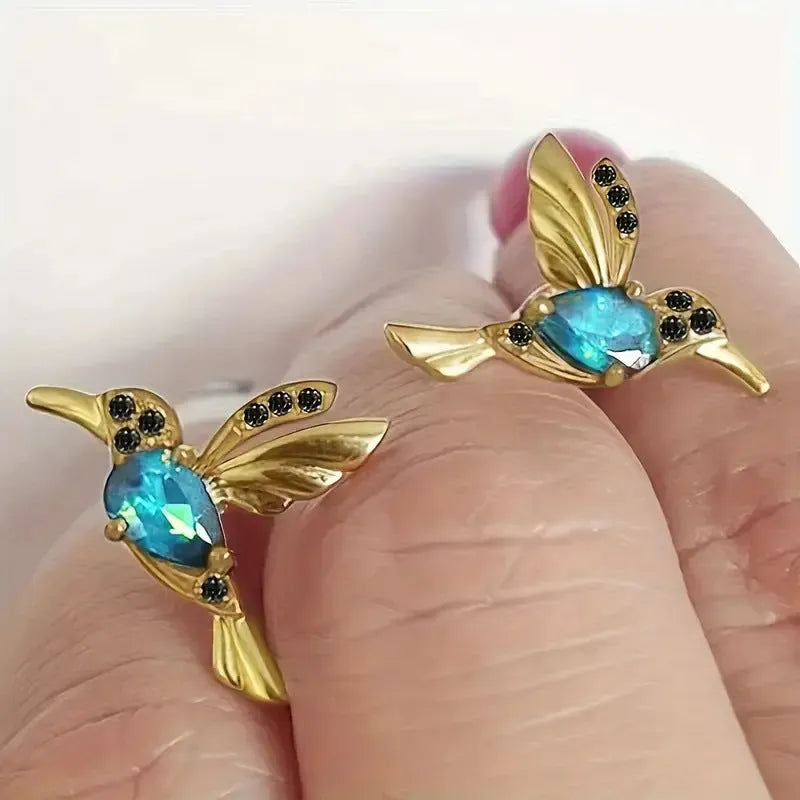 Bird hanging earrings with mixed zirconium wings in blue, red, and red lvzuan colour options