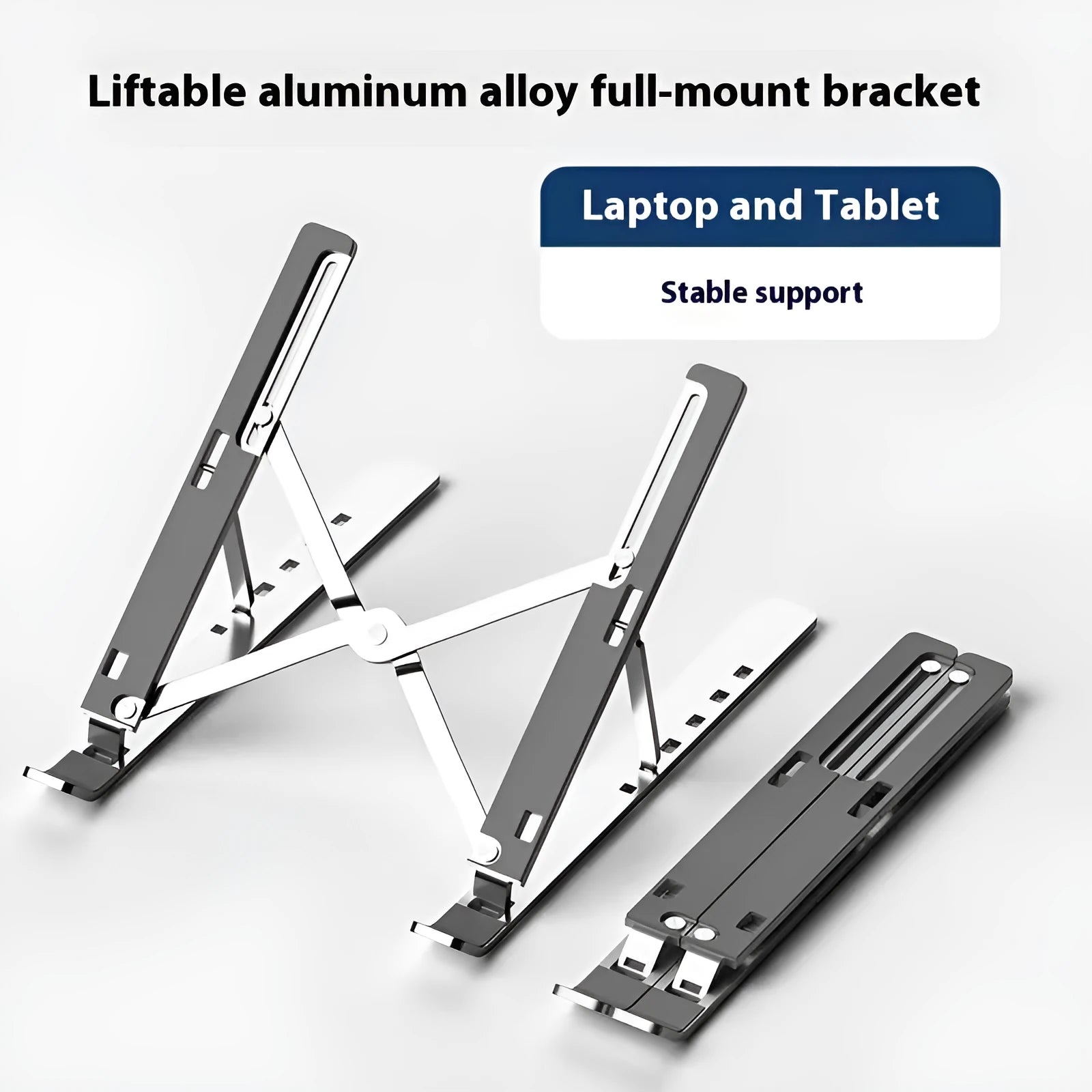 Silver aluminium alloy folding laptop stand with silicone padding for 16-18 inch devices