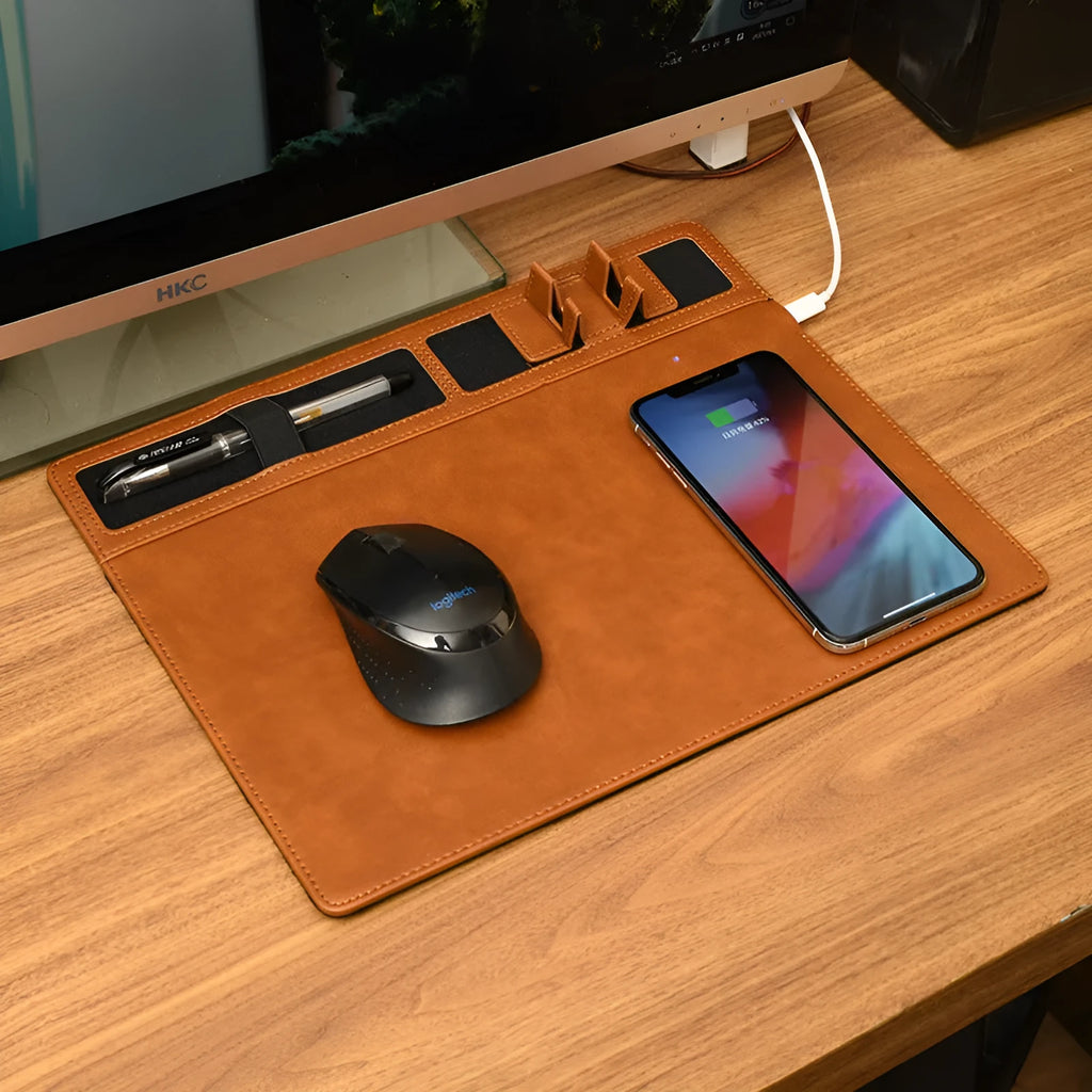 Wireless charging mouse pad with phone holder in black PU material showing 10W charging zone and USB cable