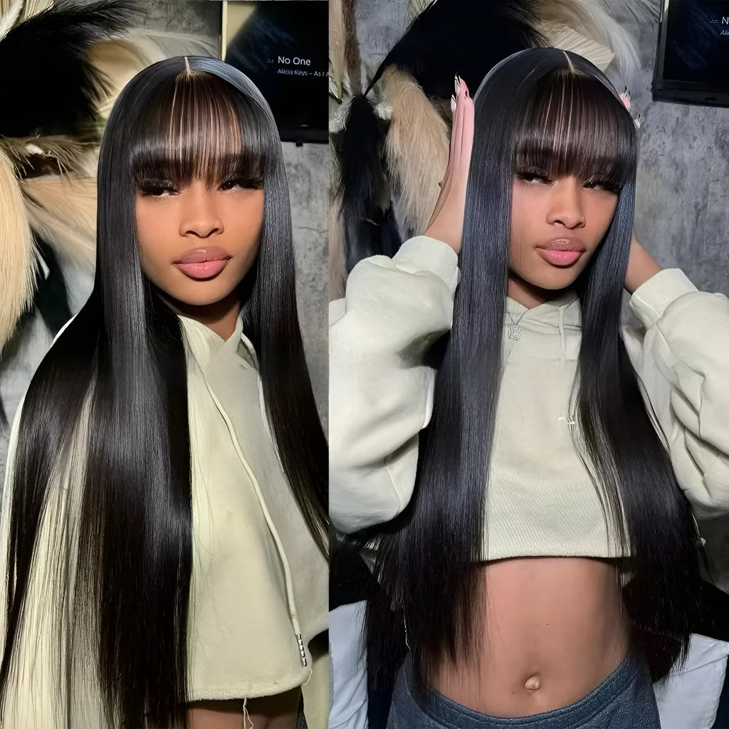 Women's natural colour full mechanism human hair wig shown at medium length.