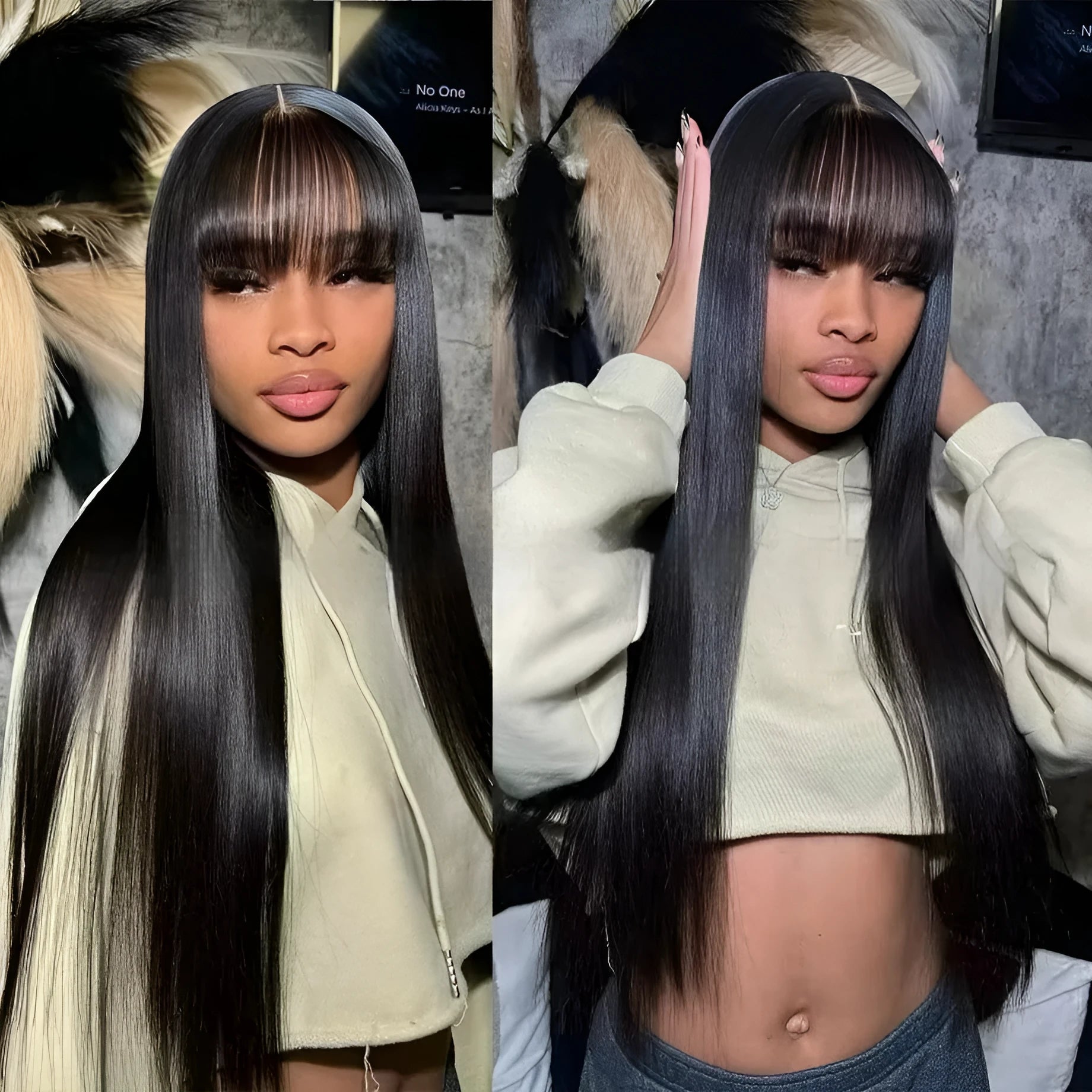 Women's natural colour full mechanism human hair wig shown at medium length.