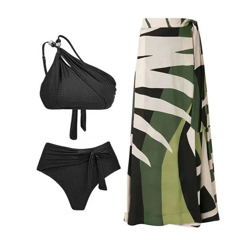 Brown high waist bikini swimsuit with push up top and attached chiffon dress overlay.