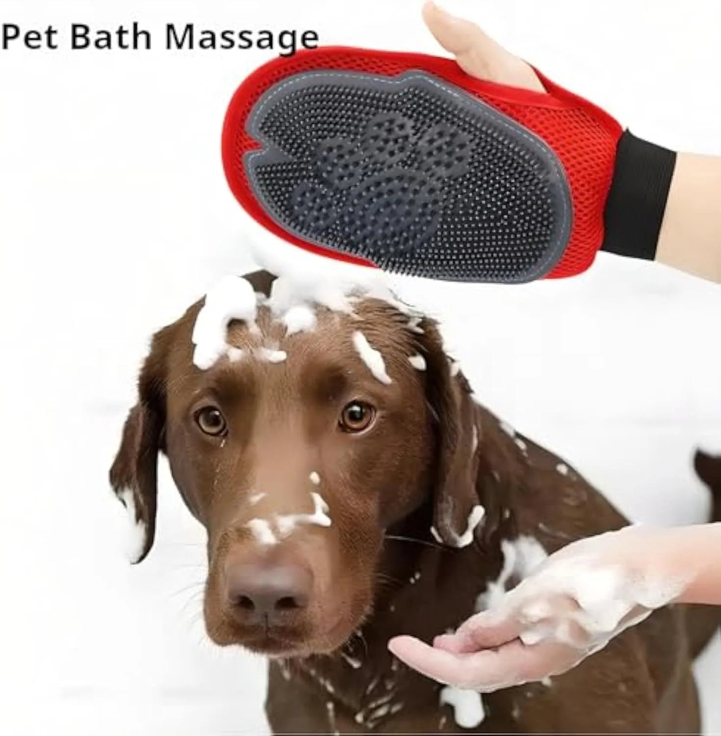 Red pet bathing glove with silicone massage nubs and adjustable elastic cuff for dog and cat grooming