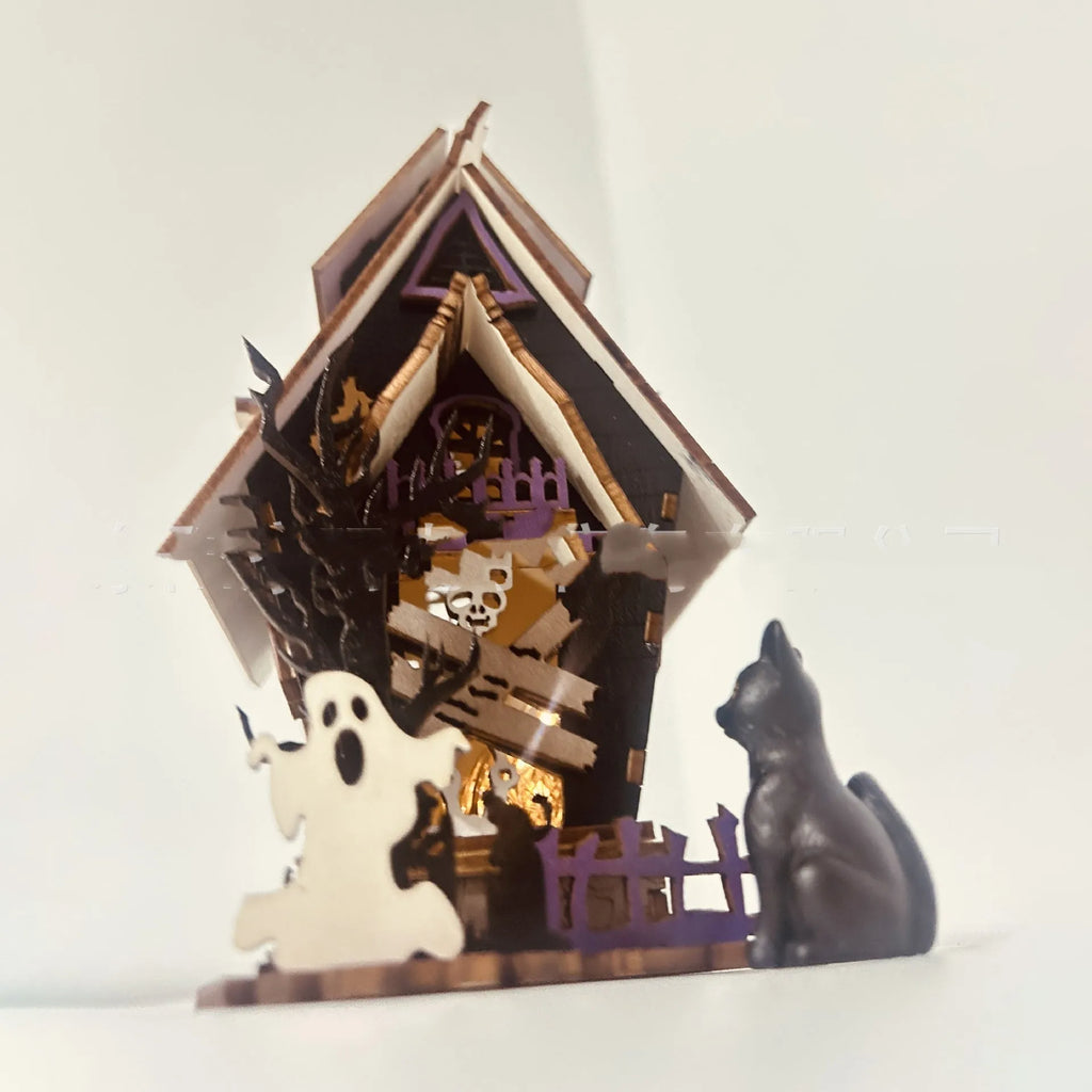 DIY wooden glowing haunted house Halloween decoration and candlestick holder, unassembled craft kit.