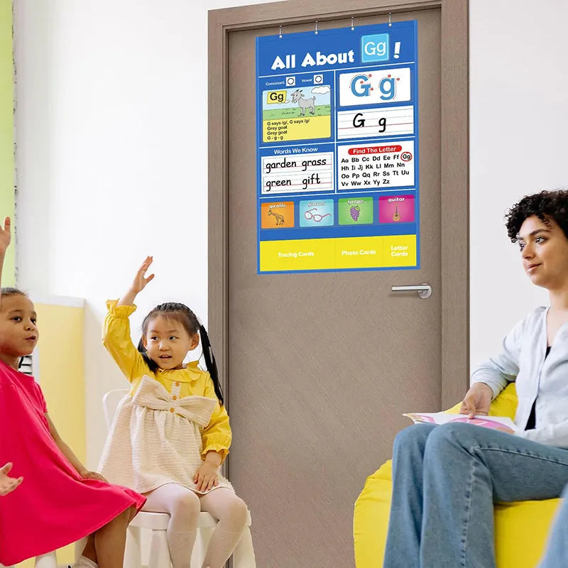Alphabet learning chart with word cards, letter cards, and picture cards for children's education.