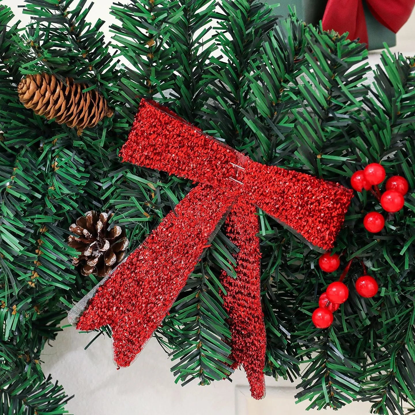 PVC Christmas rattan decorative cane with pine cone bow arrangement in European style design