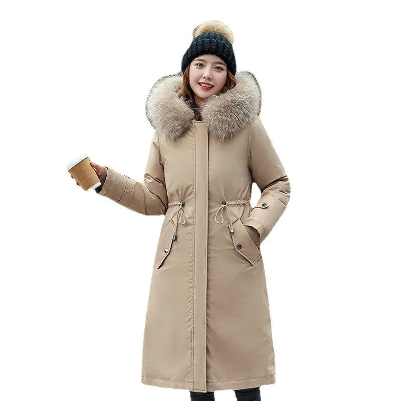 Women's long trench coat in bean green colour with fleece lining and down cotton filler