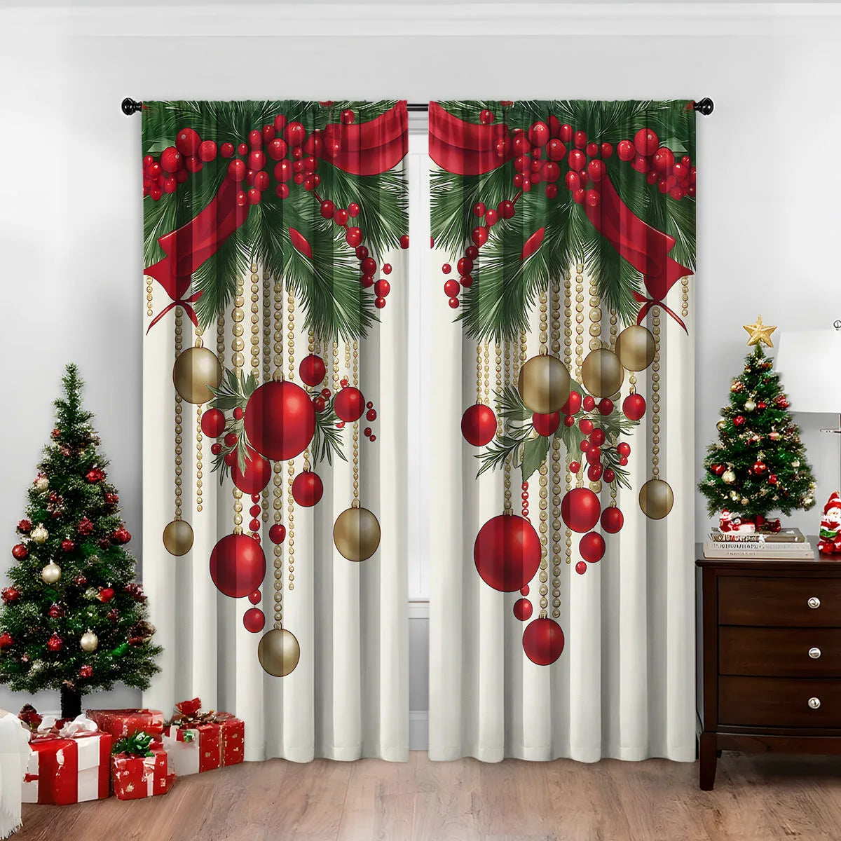 3D digital printed Christmas pattern on polyester curtain hanging in a window