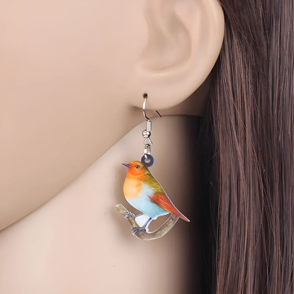 Blue Titmouse and snake motif geometric acrylic drop earrings for women.