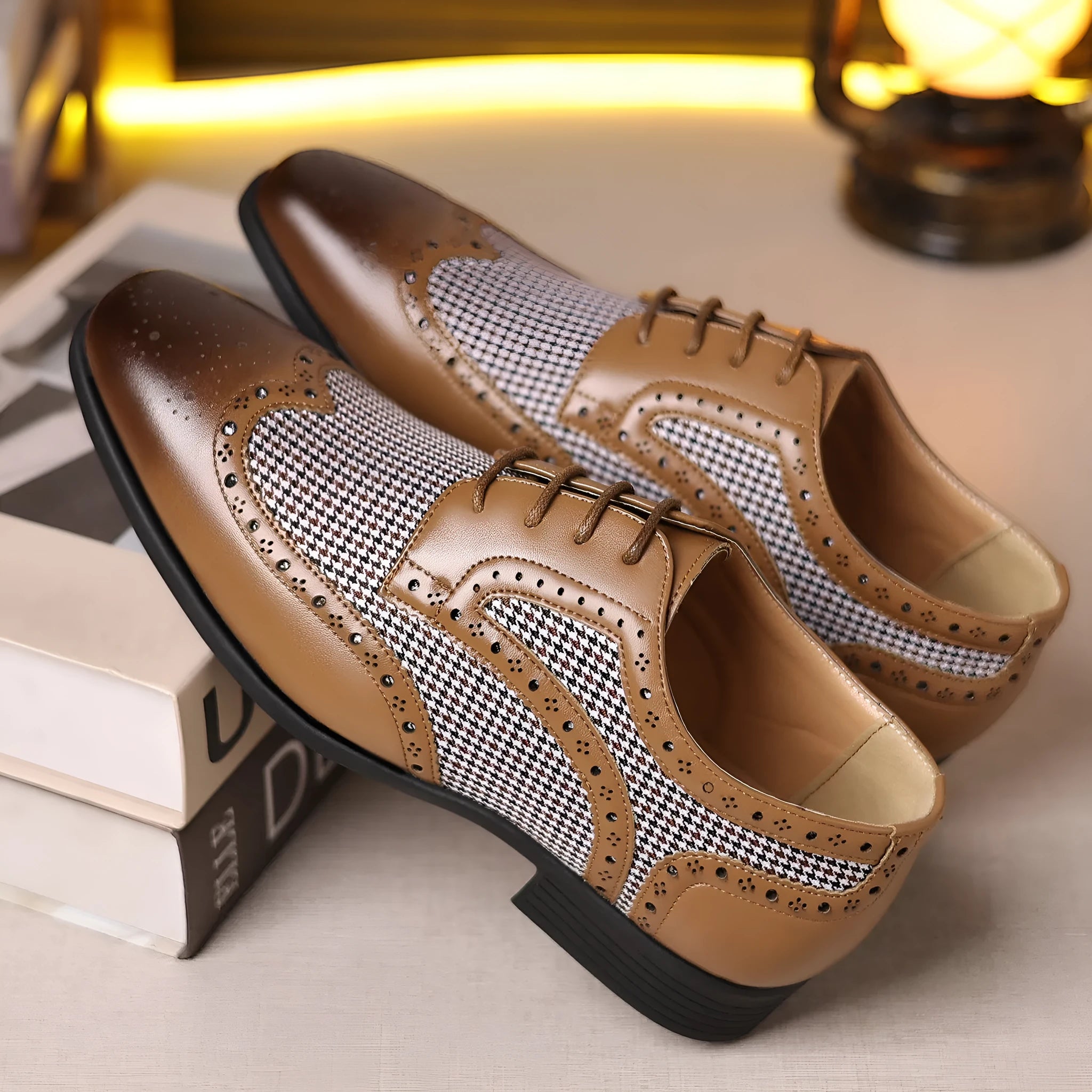 Men's black houndstooth pattern casual lace-up shoes with a rubber sole and square toe.