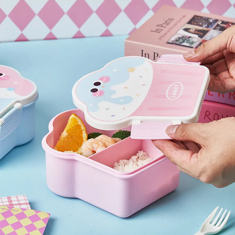 Pink and blue creative ice cream shaped plastic lunch box with spoon and fork on a white background.