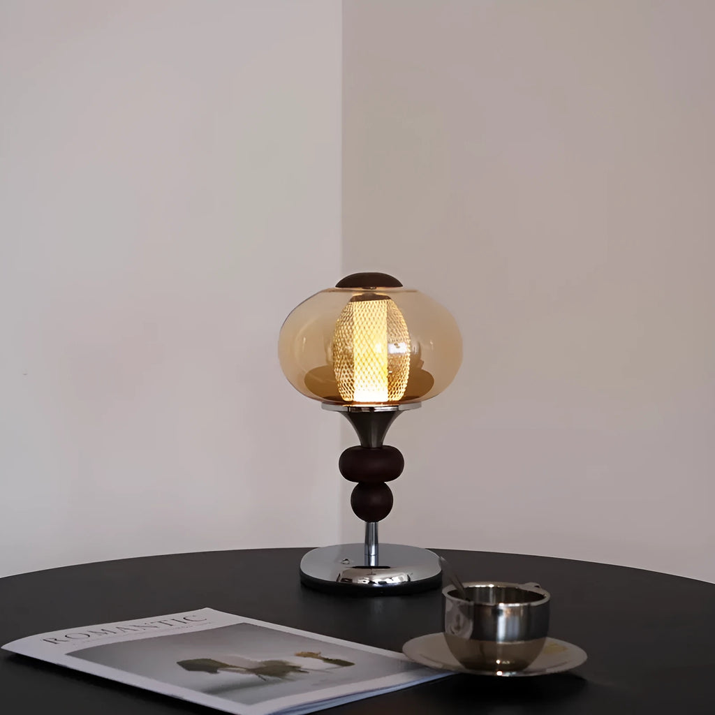 Solid wood retro palace desk lamp with USB cable and touch control panel showing three light colours
