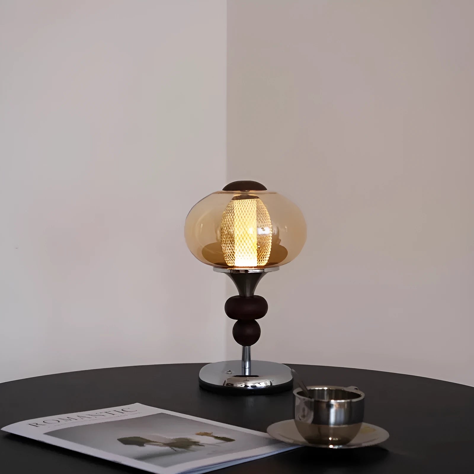 Solid wood retro palace desk lamp with USB cable and touch control panel showing three light colours