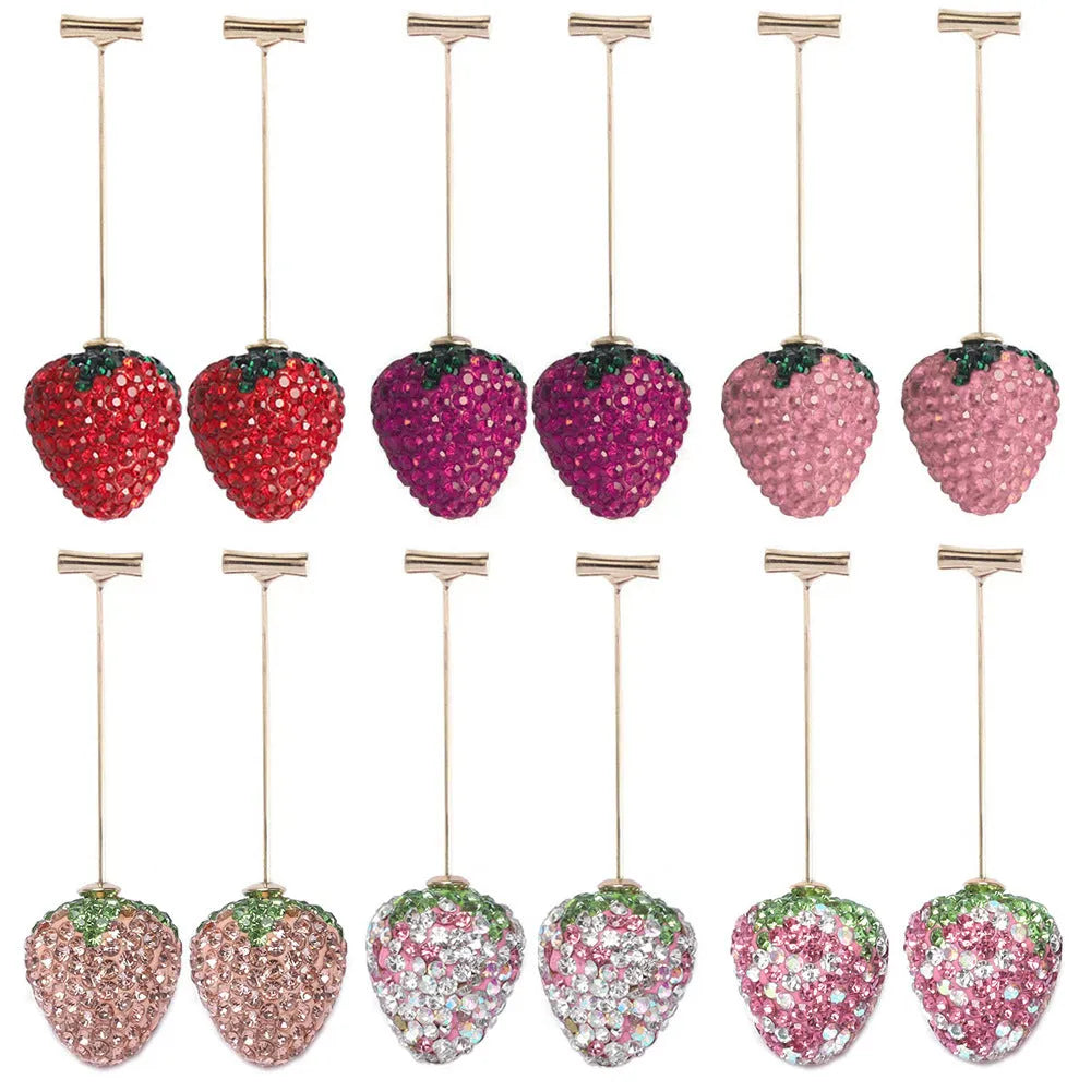 Geometric strawberry drop earrings for women in red zinc alloy with spot drill detail.