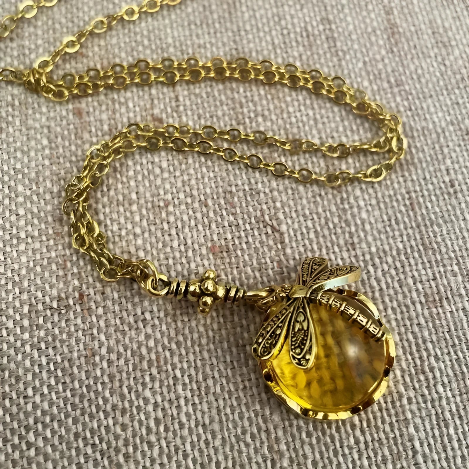 Yellow bronze dragonfly pendant necklace with 925 silver on chain