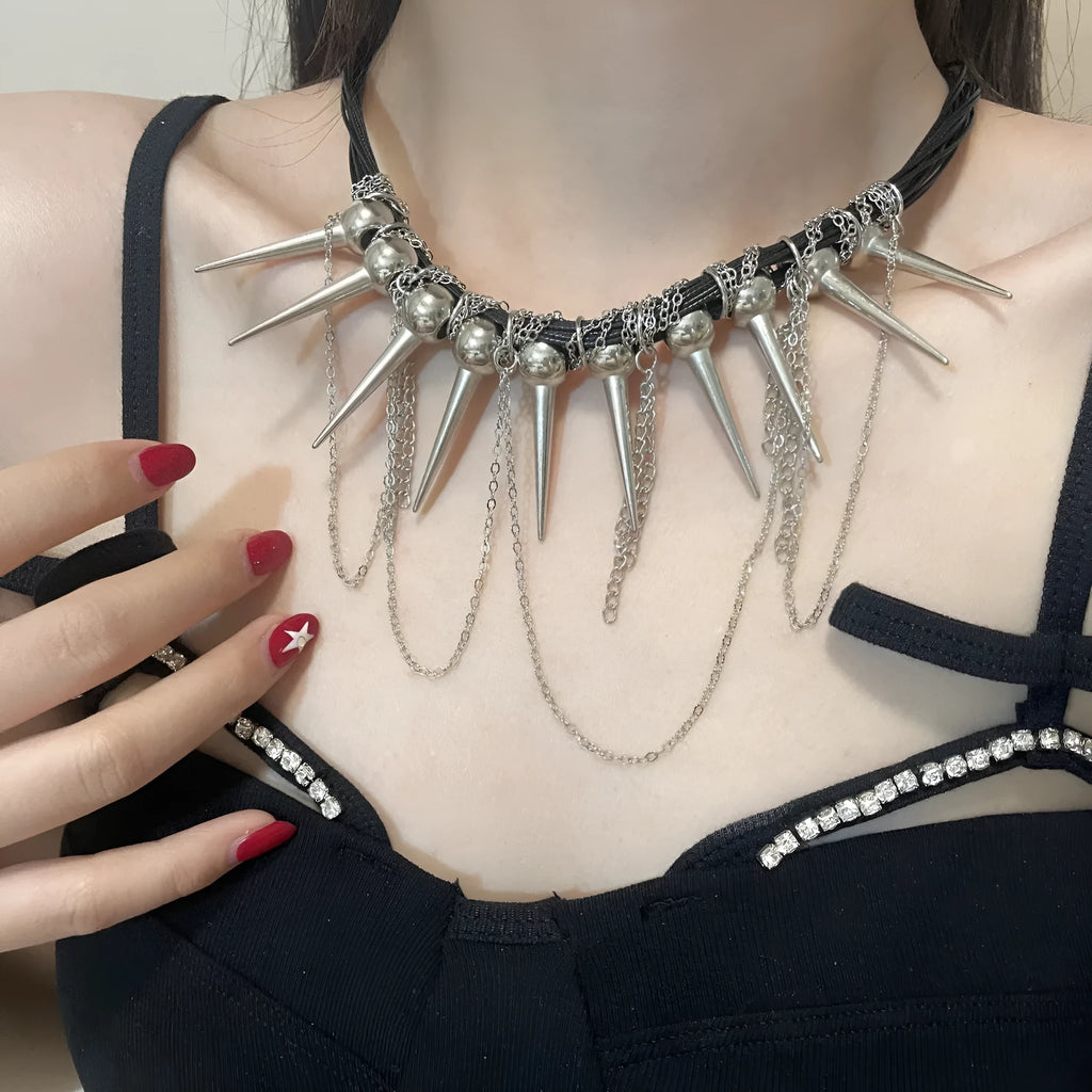 Women's leather necklace with winding tassel, round beads, and point rivets in electroplated finish