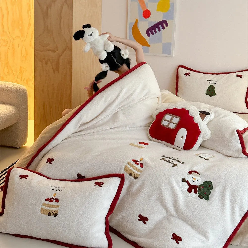 Girl's heart cartoon winter bedding four-piece set with Snow-Covered Pastry print on polyester fabric