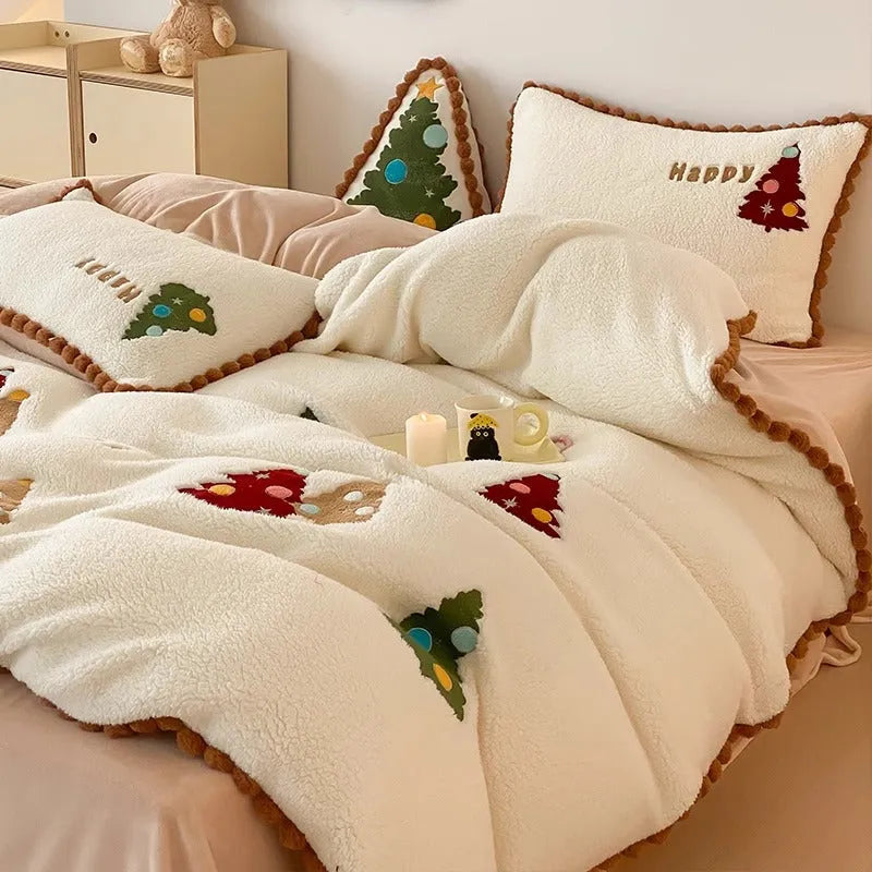 Bright yellow winter Christmas cartoon animation print on a fleece-lined four-piece bedding set
