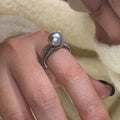 Adjustable copper finger ring with geometric black pearl design, open index construction