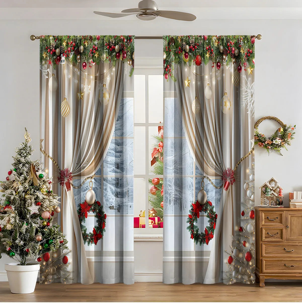 3D digital printed Christmas pattern on polyester curtain hanging in a window