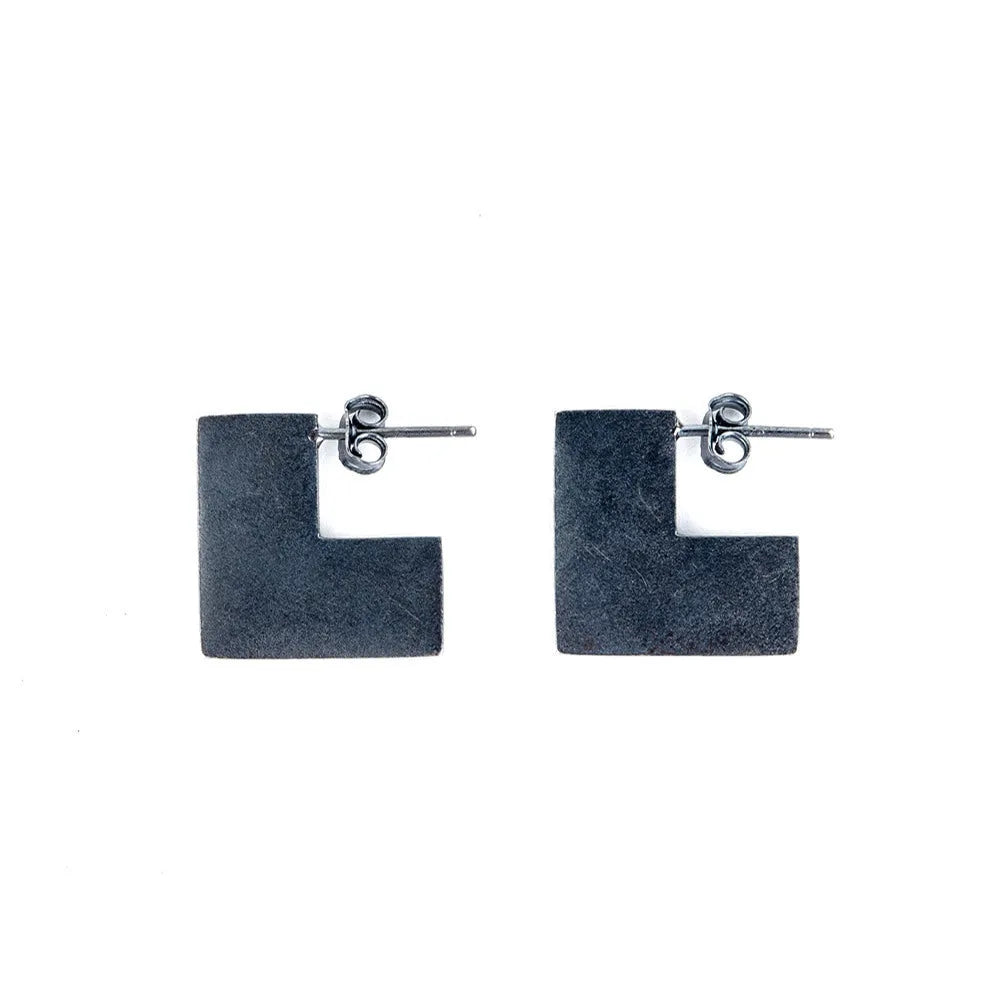 Sterling silver square earrings with oxidised black finish, geometric minimalist design