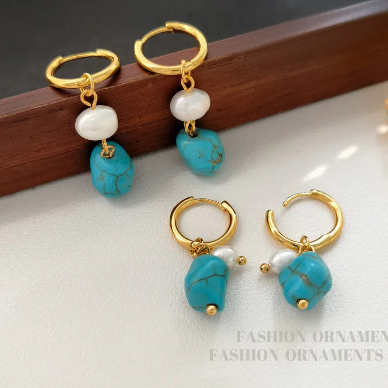 Geometric turquoise and cultured pearl ear clip set with irregular design in short and dangle styles