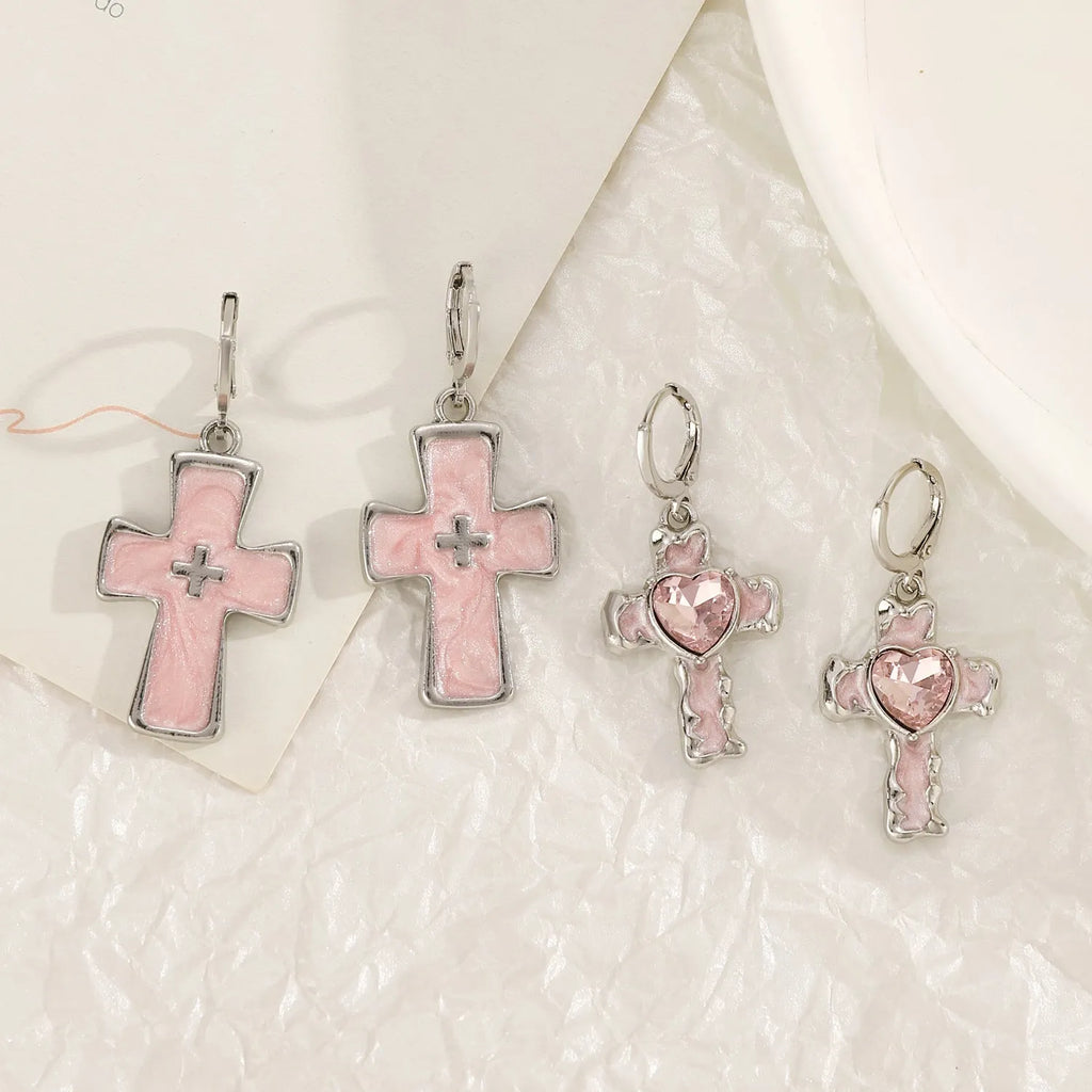 Women's alloy earrings with cross crystal designs in five colour variations including white K liquid cross and antique silver XINGX