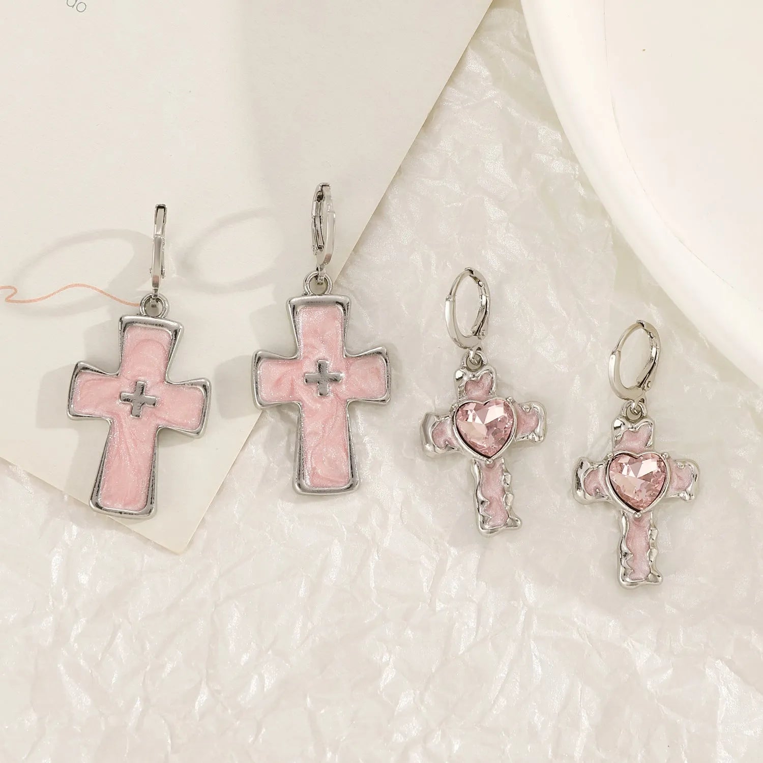 Women's alloy earrings with cross crystal designs in five colour variations including white K liquid cross and antique silver XINGX