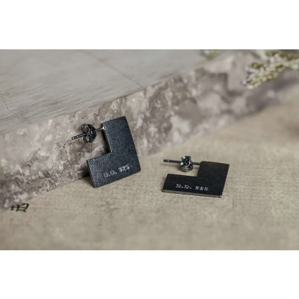Sterling silver square earrings with oxidised black finish, geometric minimalist design