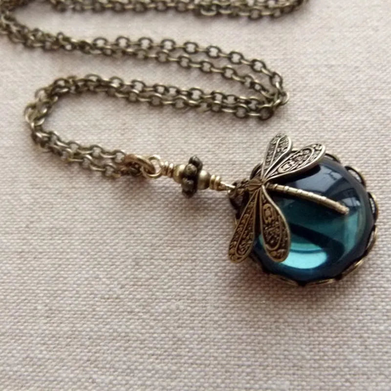 Yellow bronze dragonfly pendant necklace with 925 silver on chain