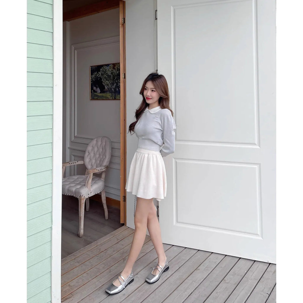 Women's silver leather cross buckle strap ballet slipper shoes with flat heel
