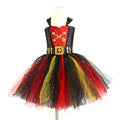 Girl's sleeveless pirate costume dress with sequins, lace, and mesh detailing, shown with an optional hat and eye mask.