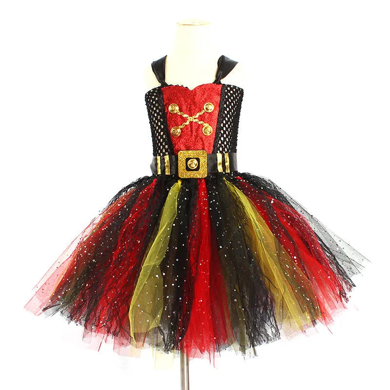 Girl's sleeveless pirate costume dress with sequins, lace, and mesh detailing, shown with an optional hat and eye mask.