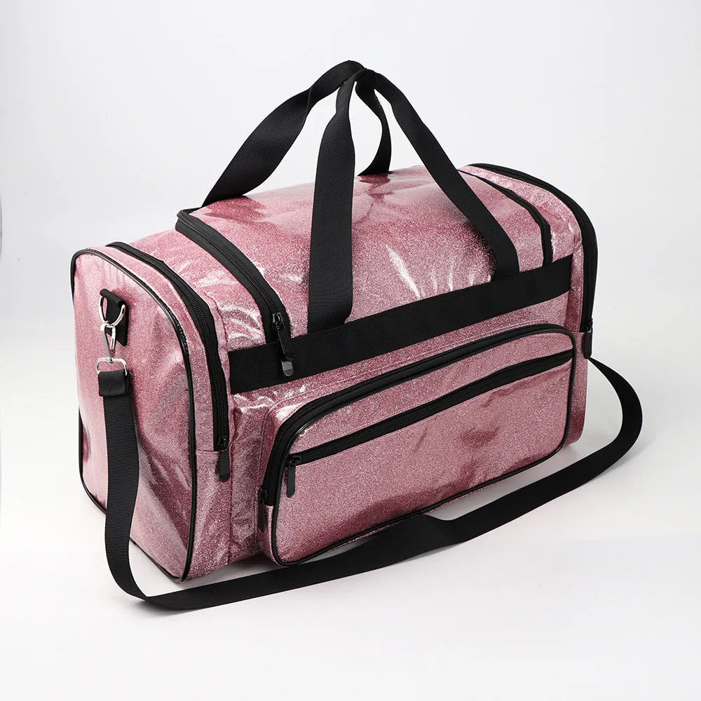 PU leather sports handbag in blue colour showing large capacity and letter pattern design