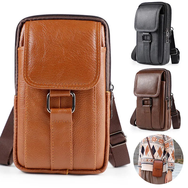 Men's black genuine leather waist bag with lock closure and crossbody strap