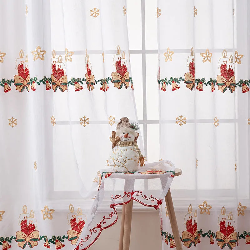 Pair of red and white Christmas curtains with embroidered snowflake pattern on polyester fabric