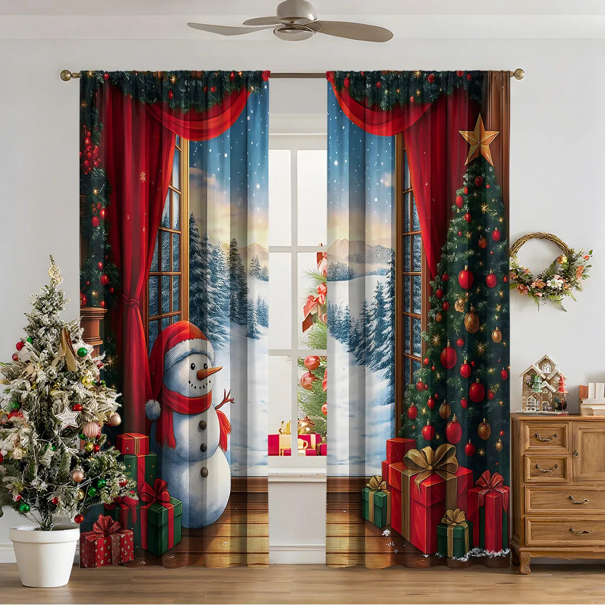 3D digital printed Christmas pattern on polyester curtain hanging in a window