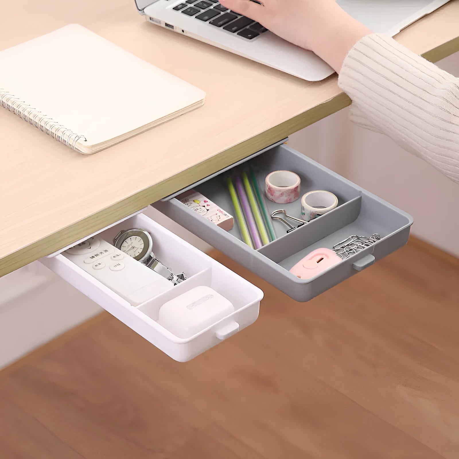 Adhesive under-table plastic storage box with covered lid and internal grid organisation