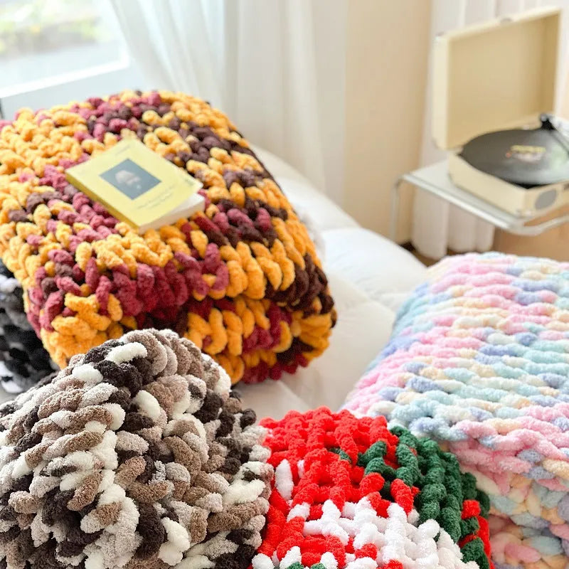 Handmade striped Chenille winter blanket showing ice bar section dye pattern in choice of four colours