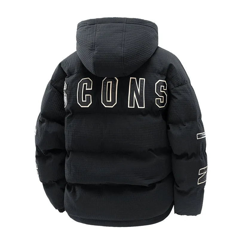 Men's black cotton-padded hooded winter coat with Korean style letter print and side seam pockets