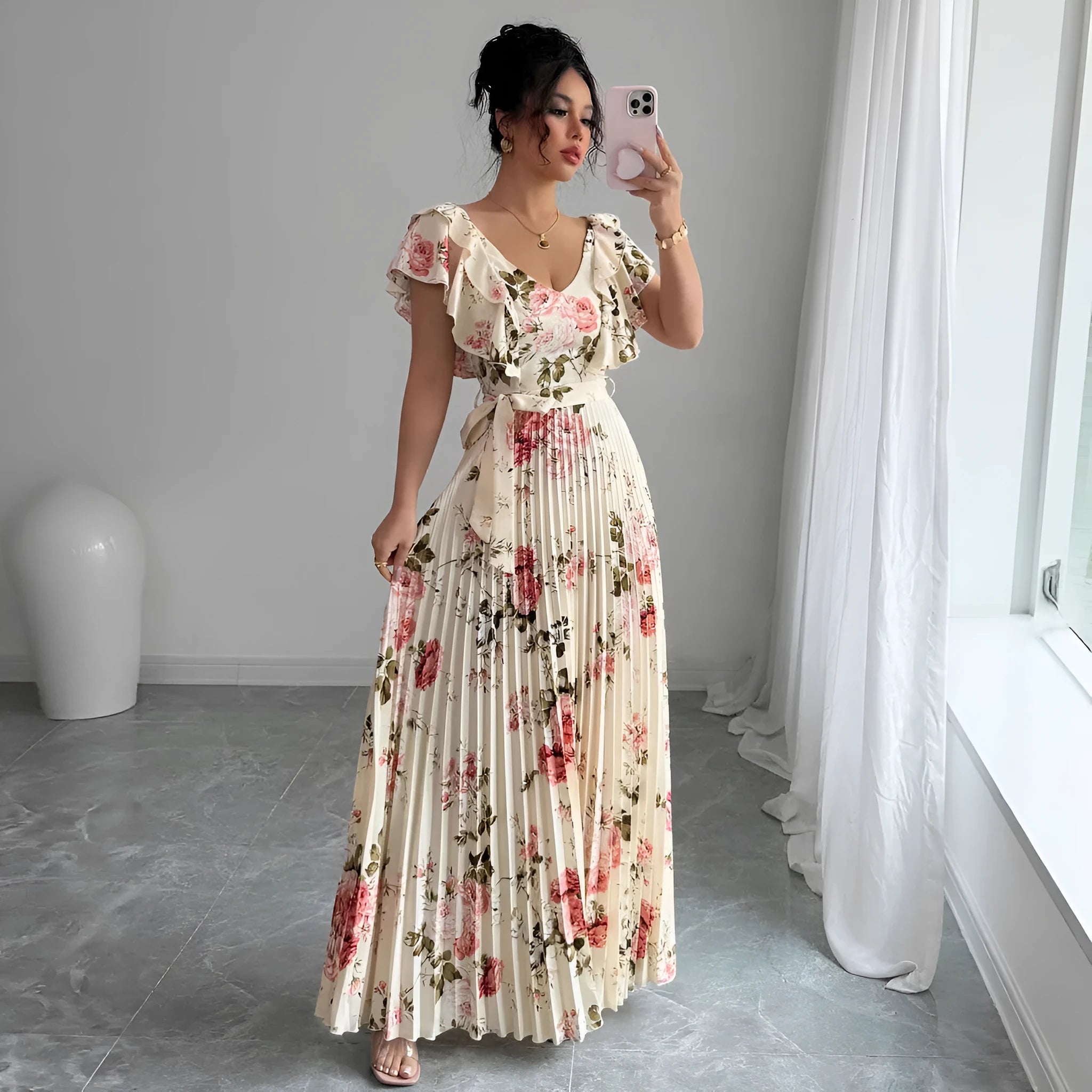Apricot floral print V-neck dress with ruffled sleeves and oversized swing skirt