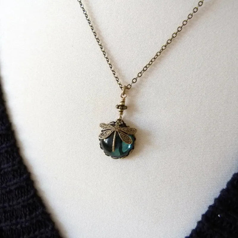 Yellow bronze dragonfly pendant necklace with 925 silver on chain