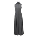 Gray women's slim-fit sleeveless dress with half turtleneck and backless design.