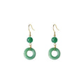 Pair of green jade design earrings with a geometric peace buckle shape on a zinc alloy base with gold plating.