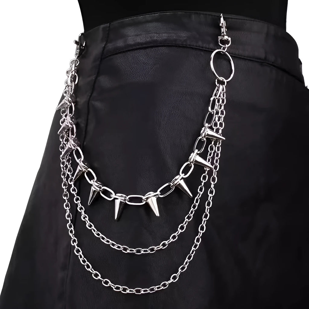 Silver double layer punk trousers chain with rivet detailing, 115cm length