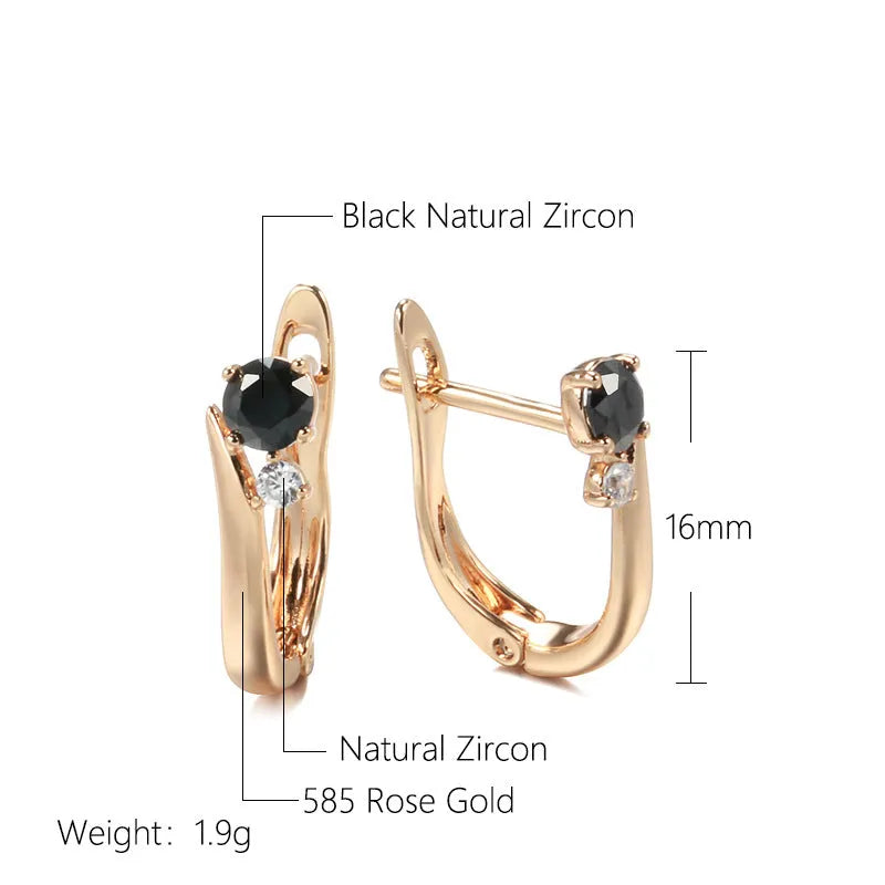 Women's gold drop earrings with black agate geometric design and clip-on back