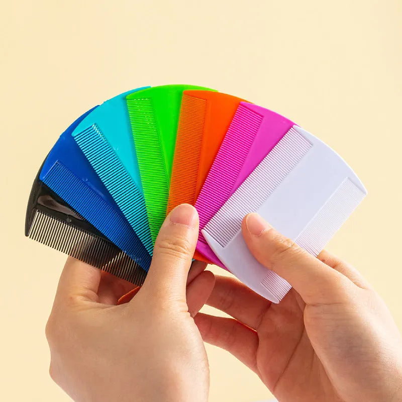 Double-edged fine-toothed plastic lice and flea comb showing front and back, with colour options displayed.