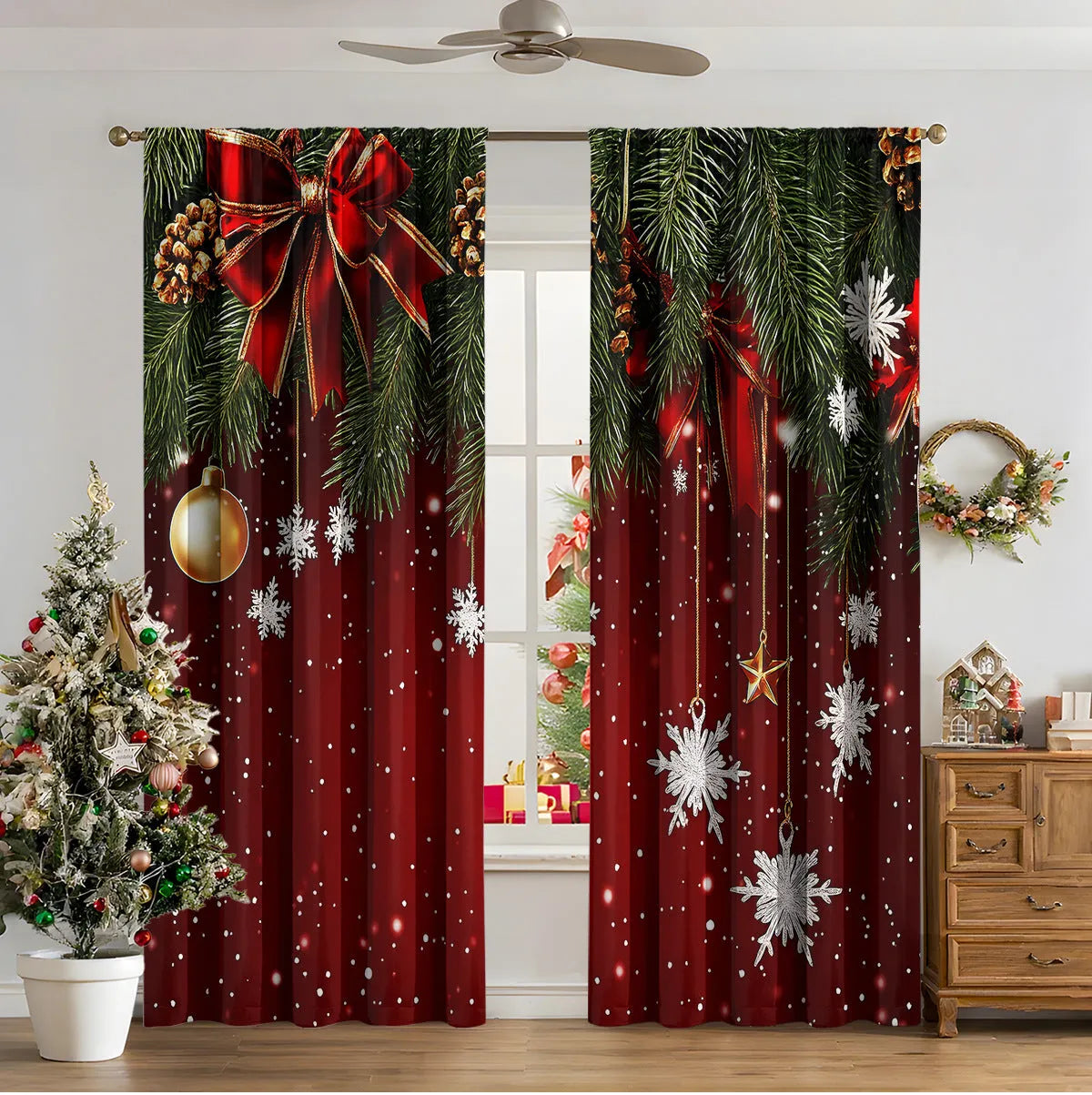 3D digital printed Christmas pattern on polyester curtain hanging in a window