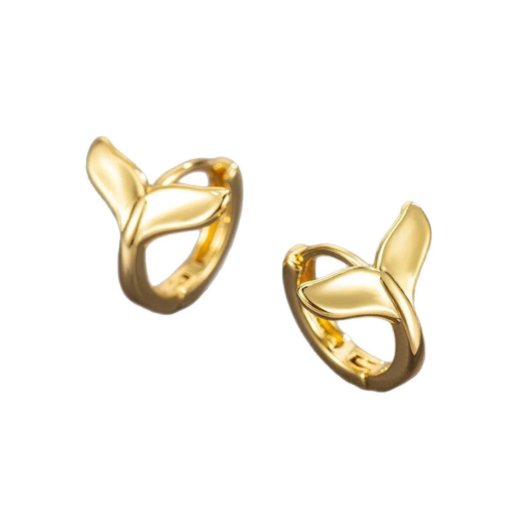 A pair of women's fishtail design earrings in copper with a white gold or yellow gold electroplated finish.